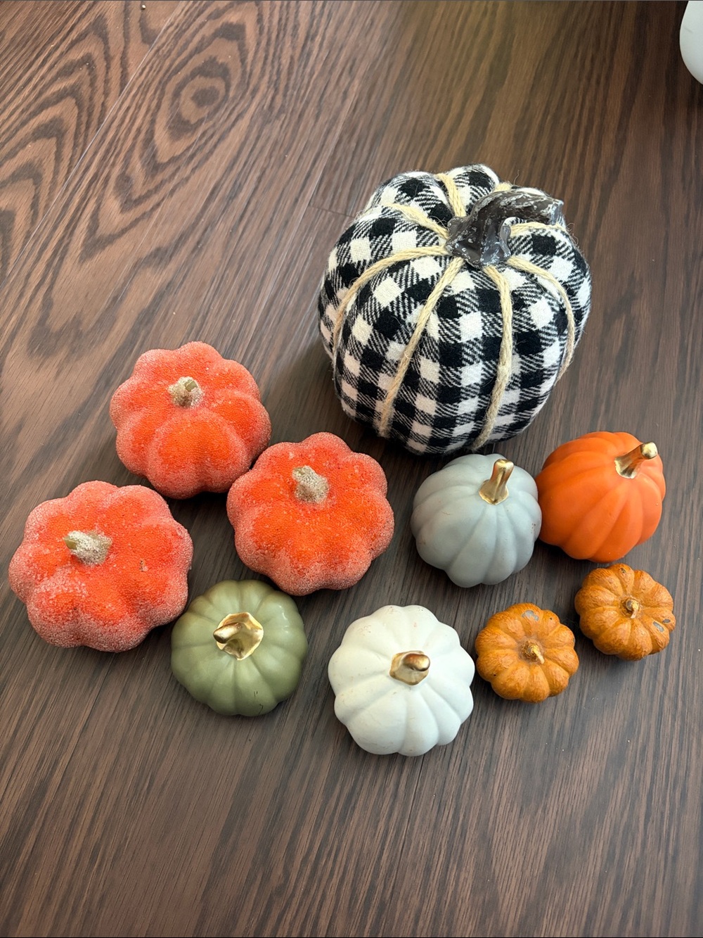 Assorted Decorative Pumpkins - Orange, White, Green, Gray, Black Buffalo Plaid